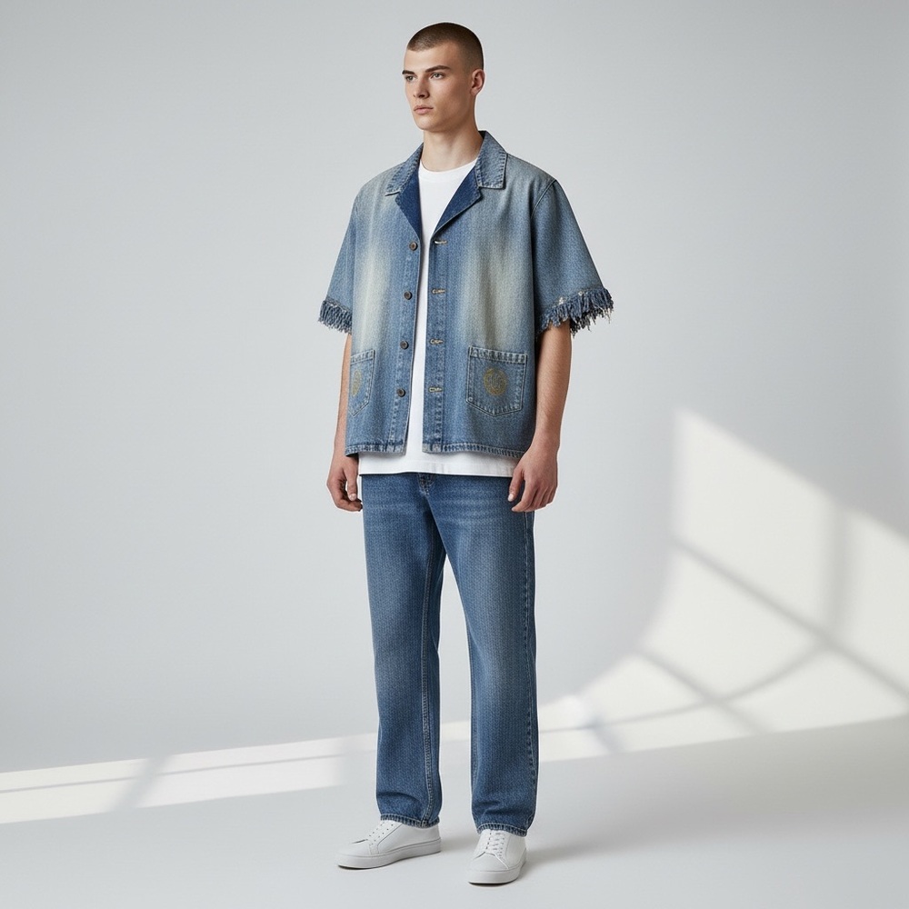 Honor The Gift Denim Camp Shirt Jacket Medium Frayed Sleeves‎ Button Up